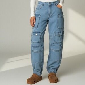 Women's Oversized Denim Cargo Light Wash‎ Blue Jeans Pants Size 9 Cotton NWOT